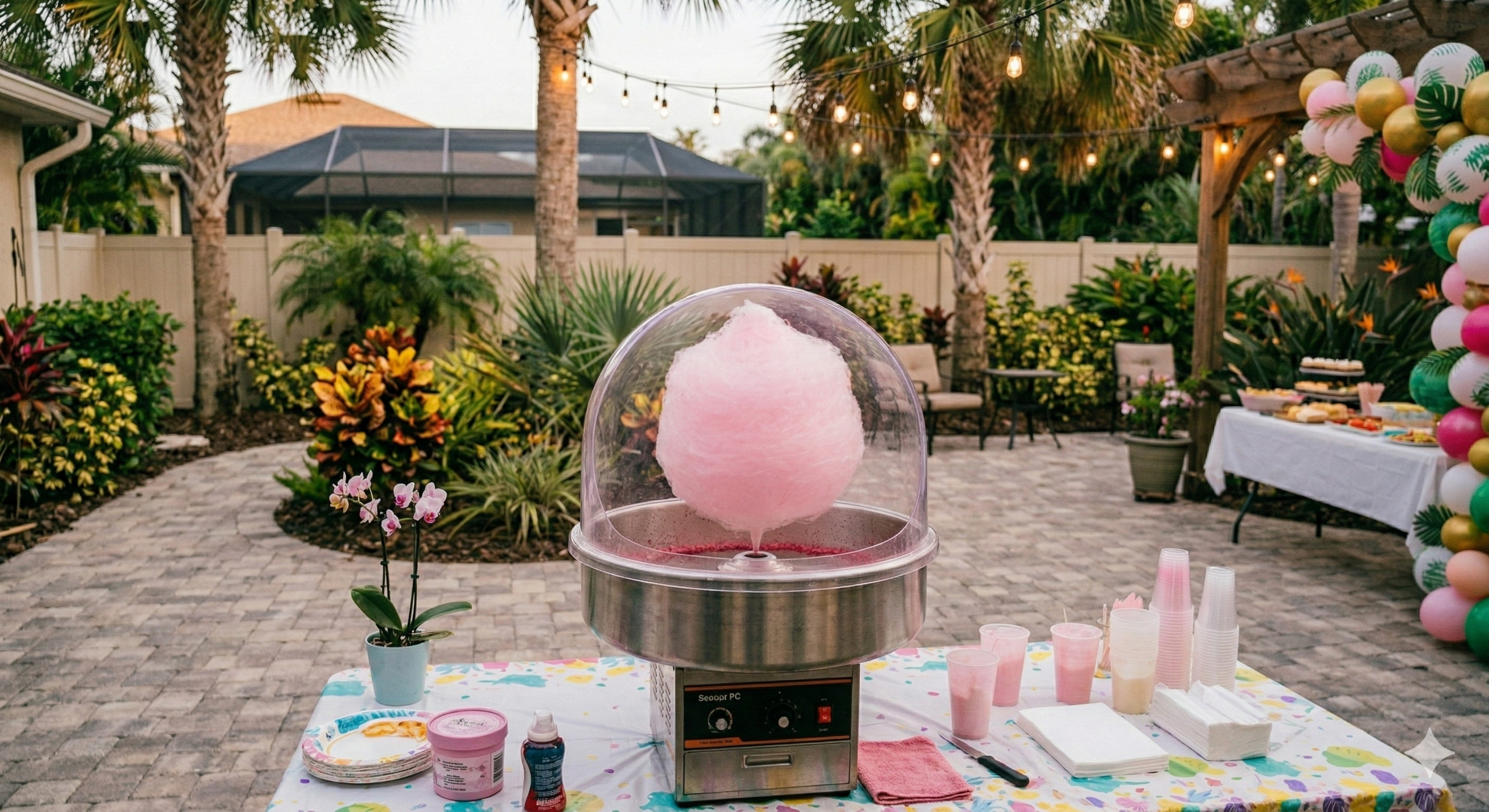 Cotton candy machine making fluffy pink cotton candy at a party